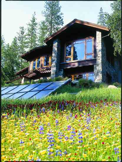 Wildflowers on the hillside provide a colorful, low groundcover around the solar panels that provide hot water for the radiant heating system. The dining room, in the westerly wing, faces toward the Yuba River.